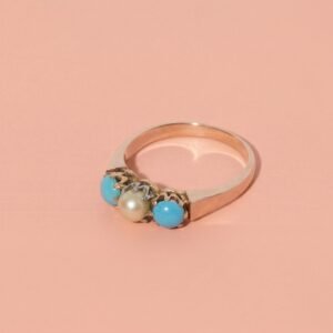 bague à la perle & aux deux turquoises